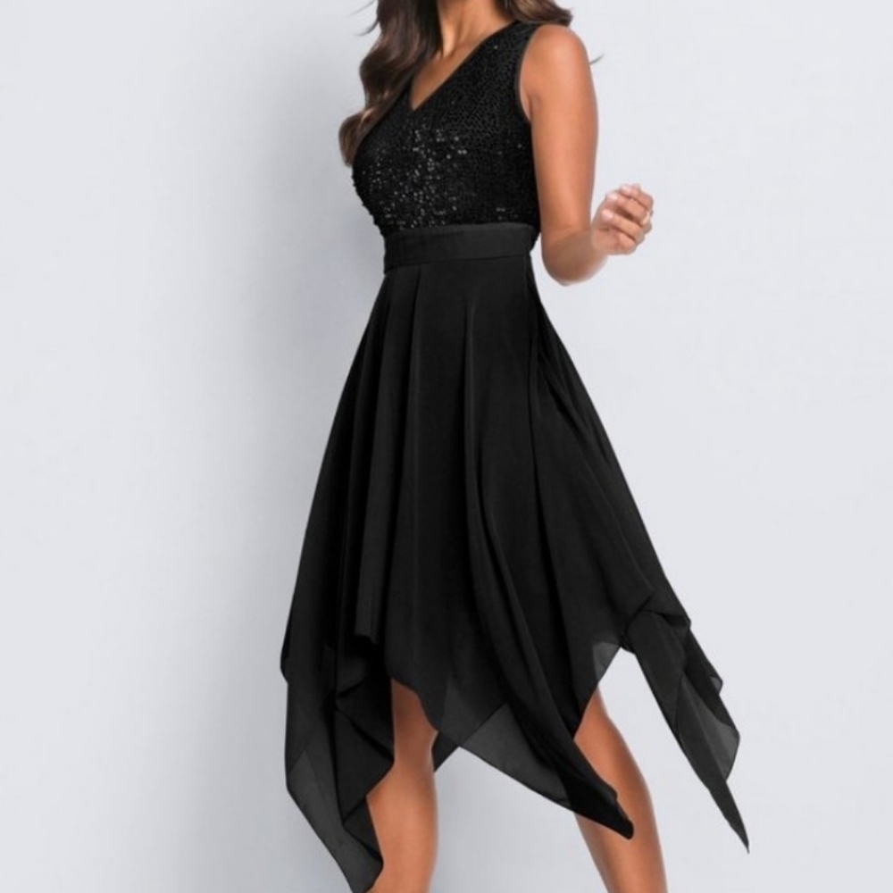 VENUS Black High-Low Cocktail Dress with V-Neck - Picture 2 of 13